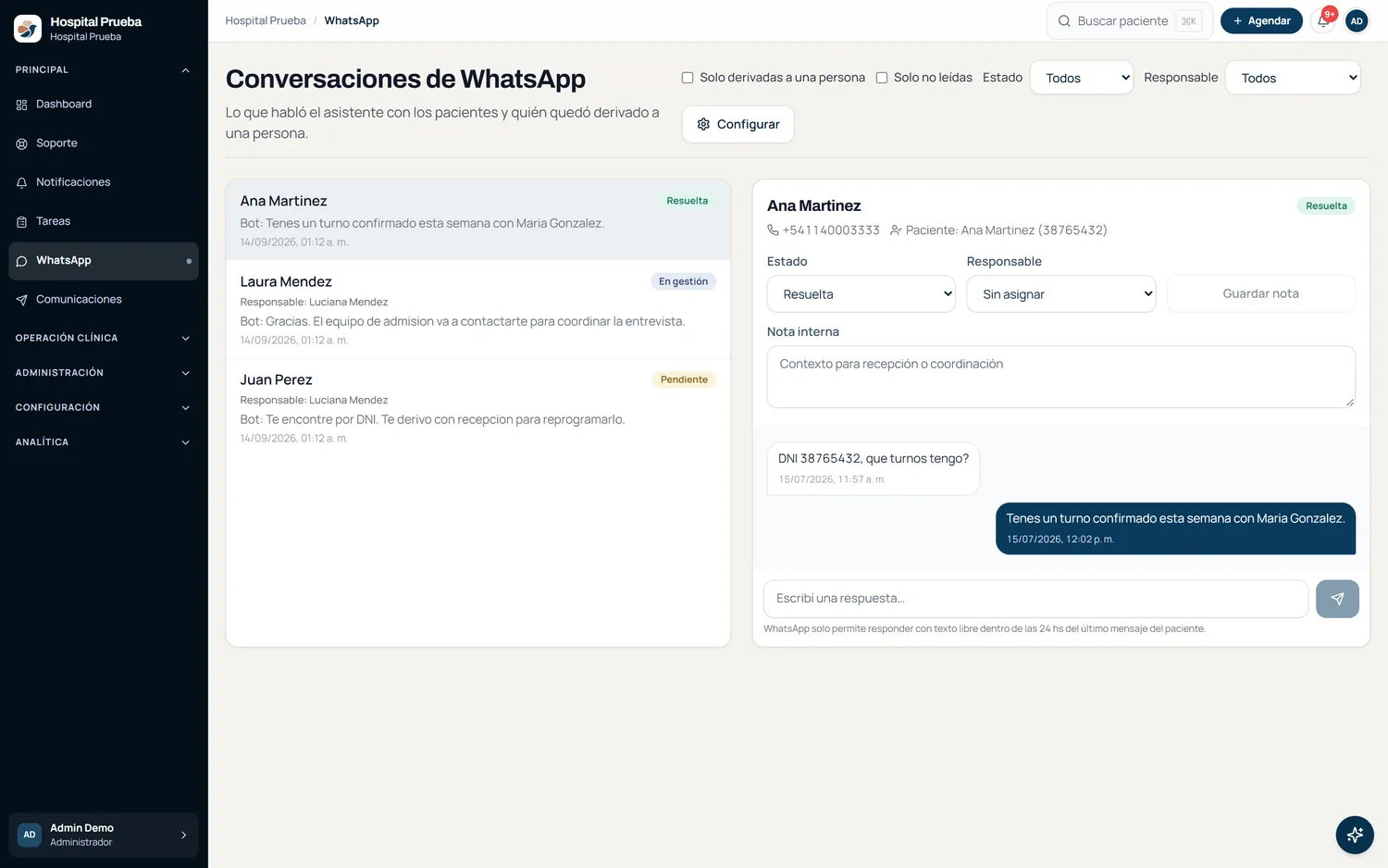 Bandeja de conversaciones de WhatsApp con el estado de cada una y la respuesta del asistente.